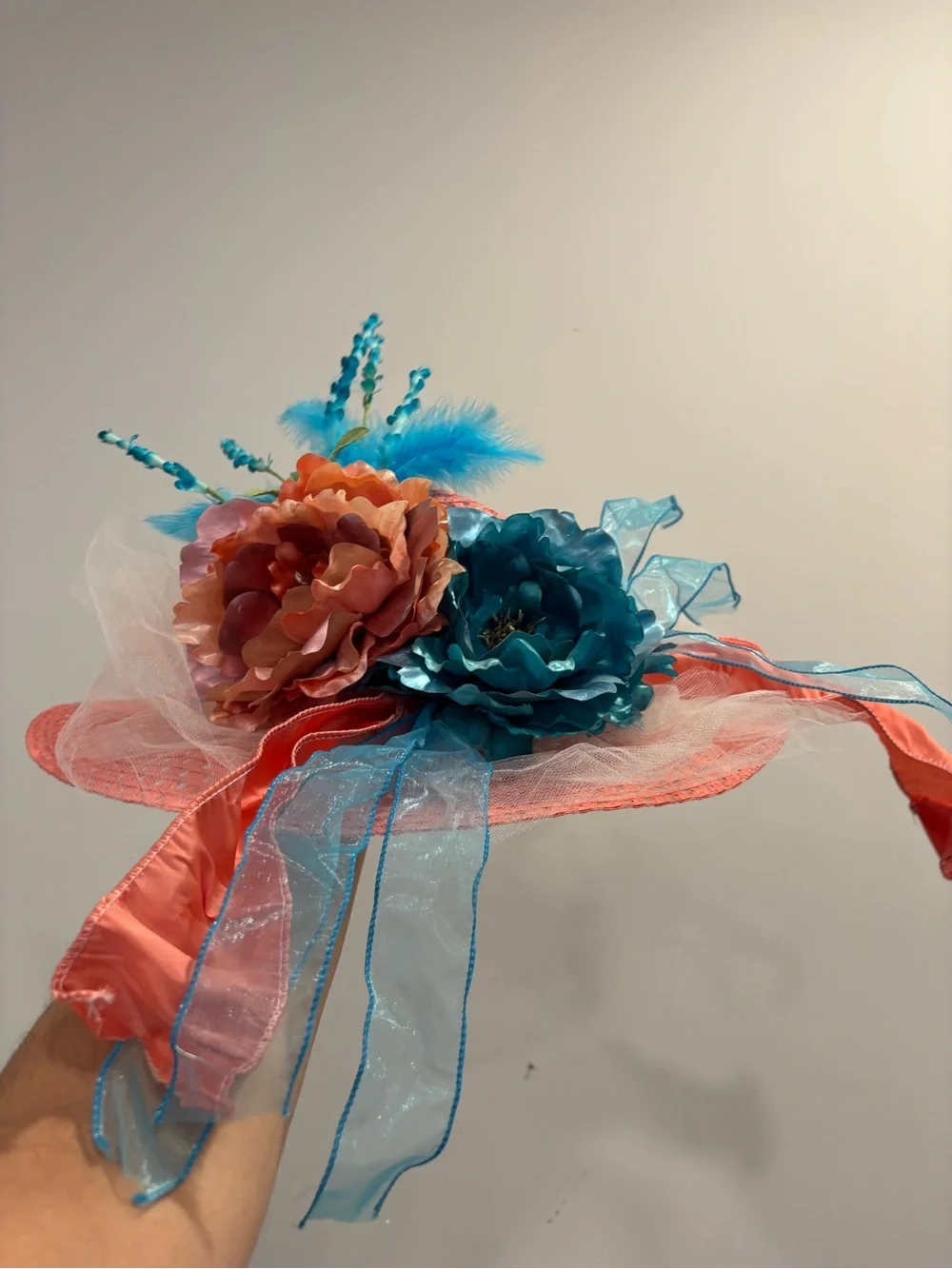 Coral and Teal Floral Fascinator Hat